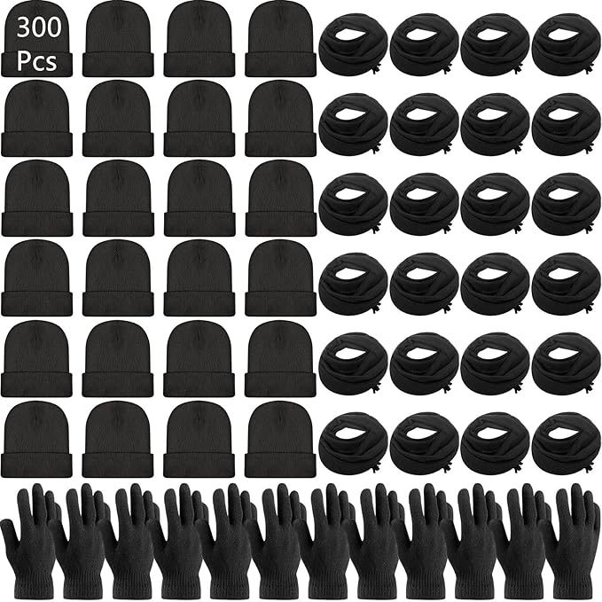 Unittype 300 Pcs Winter Beanies Gloves Scarf Set Bulk 100 Knit Skull Cap 100 Pair Winter Gloves 100 Neck Warmer for Men Women