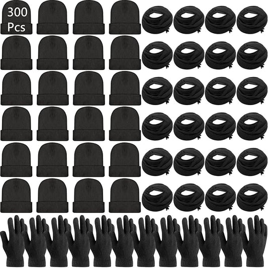 Unittype 300 Pcs Winter Beanies Gloves Scarf Set Bulk 100 Knit Skull Cap 100 Pair Winter Gloves 100 Neck Warmer for Men Women