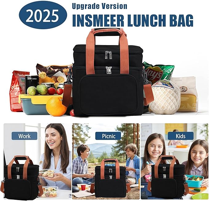 16 litres Insulated Lunch Bag for Men & Women, 2 Deck Lunch Box with Leak-Proof, Insulated Cooler Bag, Reusable Lunch Tote, with Adjustable Shoulder Strap for Office Picnic Hiking Beach