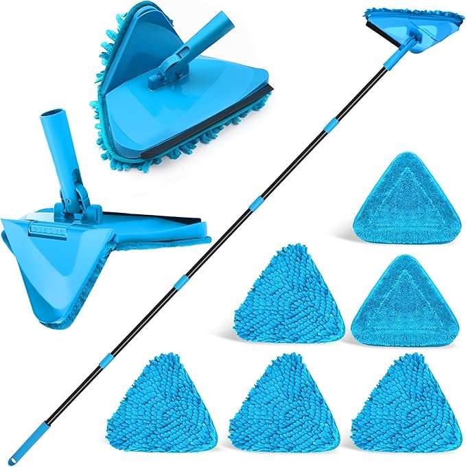 NEWE Wall Mop Cleaner with 80 inches Long Handle, 180° Folding Ceiling Cleaning Tool with Squeegee for Washing Painted Walls, Triangle Baseboard Scrubber with 4 Chenille Duster and 2 Microfiber Pads