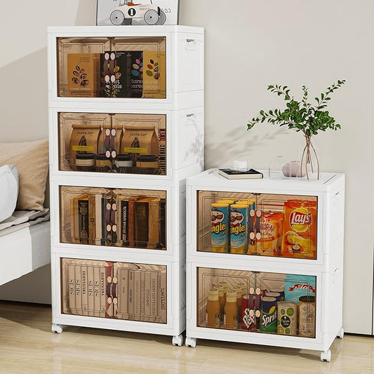 Storage Bins with Lids and Wheels, Collapsible Bathroom Storage Cabinet with Clear Doors, Plastic Stackable Closet Organizers and Storage Containers White 270 QT