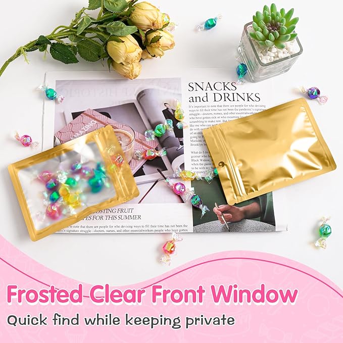 FUNFERY 100 Pack Mylar Resealable Bags Foil Packaging Bags with Clear Window,Zipper Pouch Smell Proof Bag for Food Storage,Cookies,Sample,Small Business(Gold,3x4.7inch)