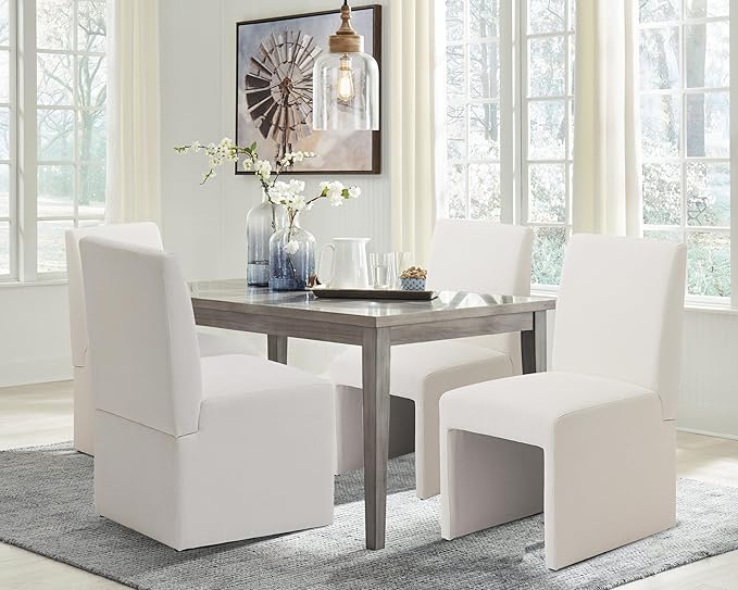 Upholstered Dining Chairs Set of 4 Modern Kitchen & Dining Room Chairs Linen Fabric Dining Chairs with Wooden Frame, White