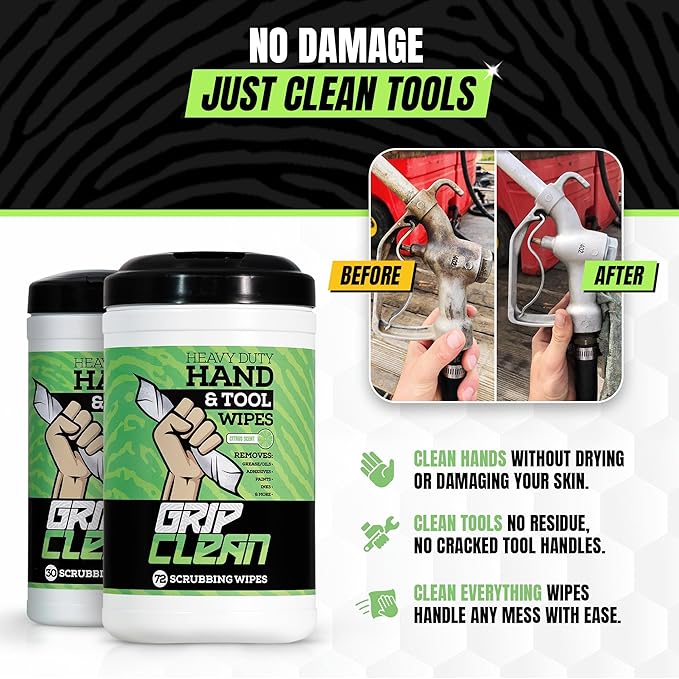 Grip Clean Heavy Duty Hand & Tool Cleaning Wipes – Waterless Hand Cleaner for Mechanics, Garage & Shop Use – Dual-Sided Grease, Oil & Paint Remover Wipes with Citrus Scent - 72ct (6 Pack)