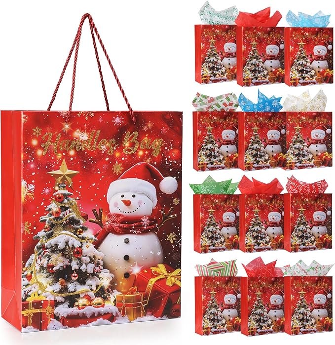 Rusikia 12 Christmas Gift Bags with 12 Tissues and 1 Satin Ribbon, Red Party Favor Bags Bulk with Handles, Glittery Cute Tree Snow-man Paper Bag for Xmas Holiday Birthday Wedding (Small 9"x7"x3")