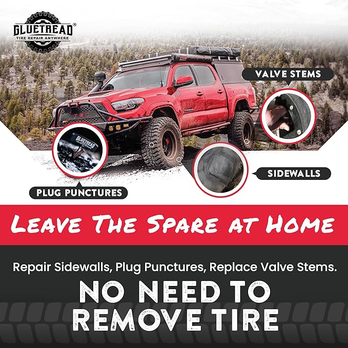 GlueTread Expedition All-Inclusive Off-Road Tire Repair Kit | Repair Any Kind of Tire Damage or Puncture | Includes Sidewall Tire Repair Patches, Plugs, and Colby Emergency Valve Stems