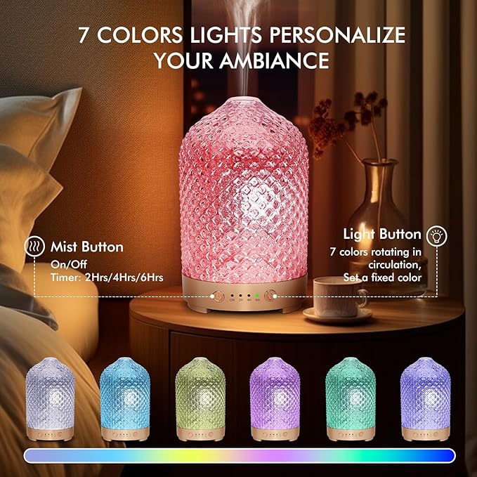 Glass Essential Oil Diffuser 200ml-Ultrasonic Aroma Diffuser with Glass Dome, Aromatherapy Diffuser with 4 Timers 7 Color LED Lights Waterless Auto Off for Home Office Yoga Gift