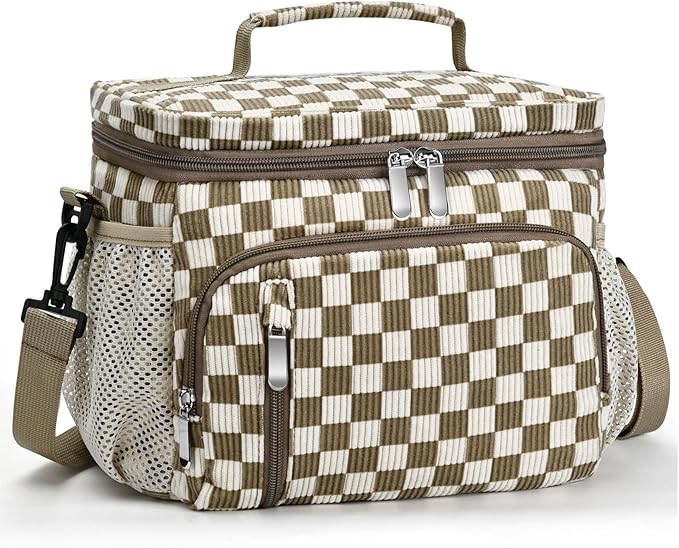 Insulated Lunch Bag for Men & Women - Leakproof Lunch Box Soft Cooler Tote, Adjustable Strap, Reusable Lunch Box for Work Office Picnic Beach Travel-Corduroy Khaki Checkered