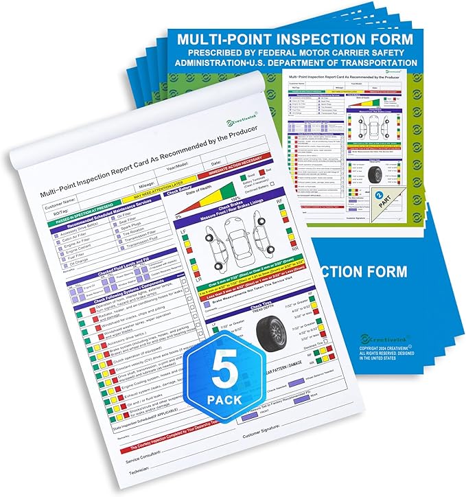 500 Sets Multi-Point Automotive/Vehicle Inspection Report Forms 2-ply Carbonless for Any Make of Vehicle, Inspection Checklist, DOT Compliant, 8-1/2 x 11-3/4”