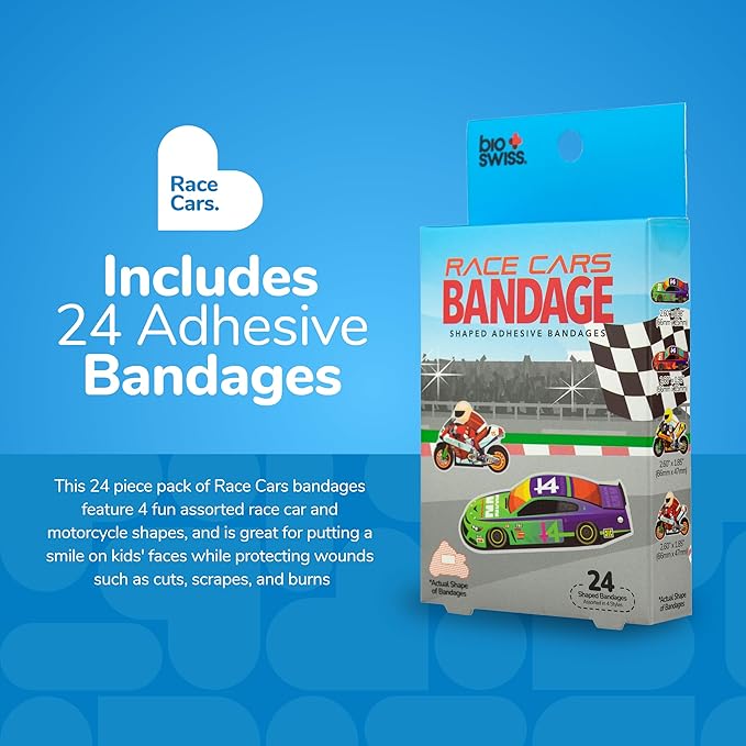 BioSwiss Kids Bandages, Race Cars Shaped Self Adhesive Bandage Set, Latex Free, Sterile Wound Care, 24 Count
