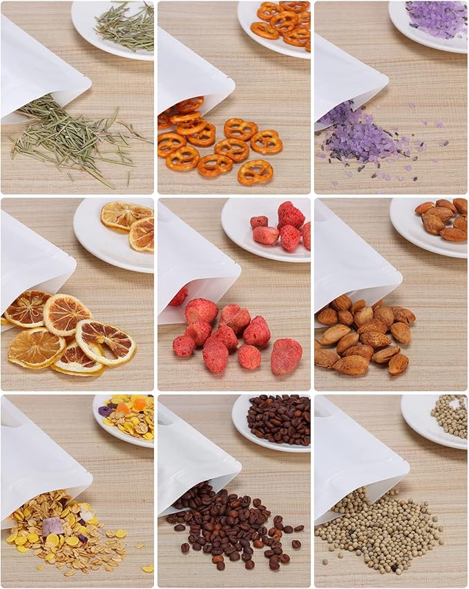 50pcs Kraft Bags with Window 7.1x10 Inches White Reusable Sealable Zip Lock Food Storage Stand up Paper Pouches for Home or Business