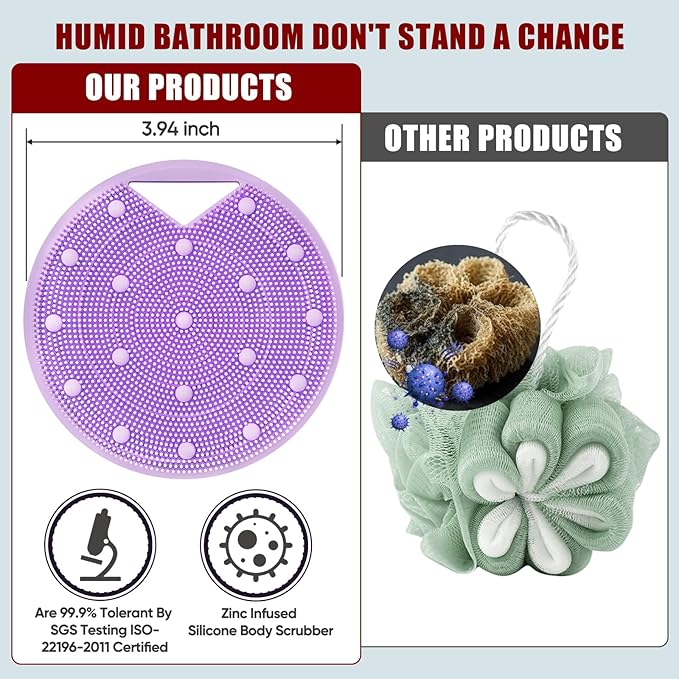 Heavy Duty Silicone Body Scrubber – Anti Zinc Infused-Lymphatic Brush Exfoliating Body Scrubber for Shower Body,with Stiff and Soft Bristles for Anti-Puffiness,Blood Circulation - Purple