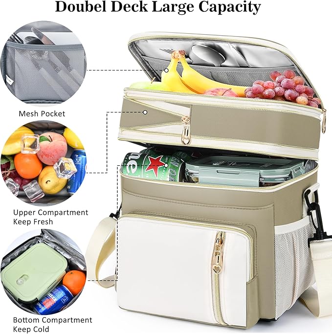 LOKASS Expandable Lunch Box for Women | Adult Lunchbag Cooler Tote Bag with Adjustable Shoulder Strap | Insulated Reusable Womens Lunch Bags for Work Camping Beach | 16L, Beige