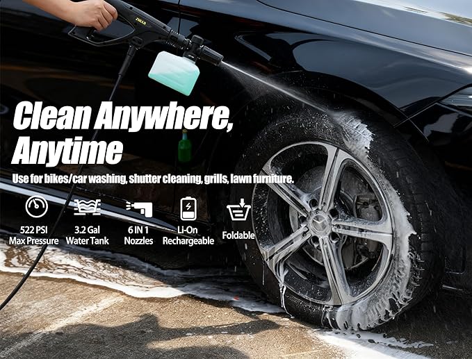 Portable Pressure Washer, Cordless Power Washer with 3.2Gal Water Tank, 522 Max PSI, 23FT Hose, 20000mAh Lithium Battery, 6 in 1 Nozzle, for Cars/Camping/Home/Outdoor