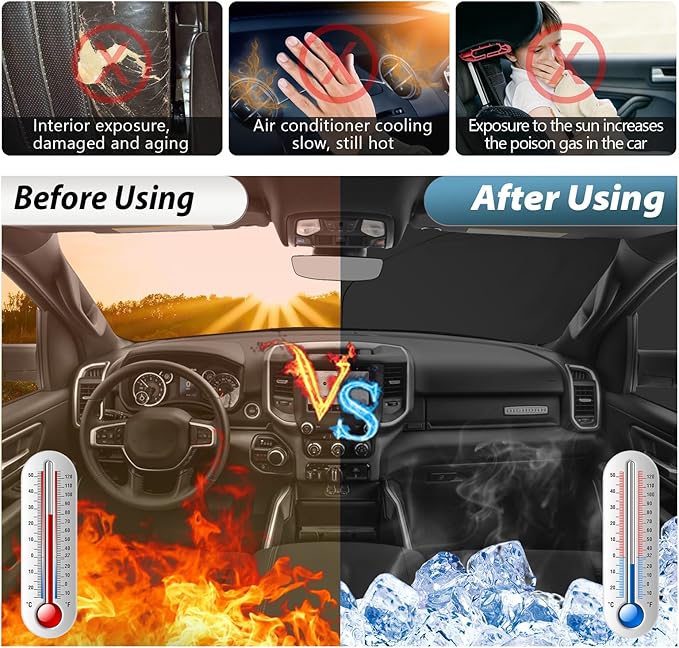 SKTU 2019-2026 RAM 1500 Front Windshield Sunshade for 2019-2026 Dodge RAM 1500 Windshield Sunshade Foldable for Blocks UV Rays and Blocks Heat and Sun Keeps Vehicle Cool