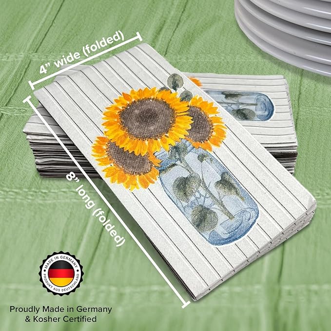 SimuLinen Decorative Sunflower Disposable Bathroom Guest Towels - Cloth-Like, Single-Use, Linen Feel Paper Towels, 12x17", 100ct (Made in Germany)