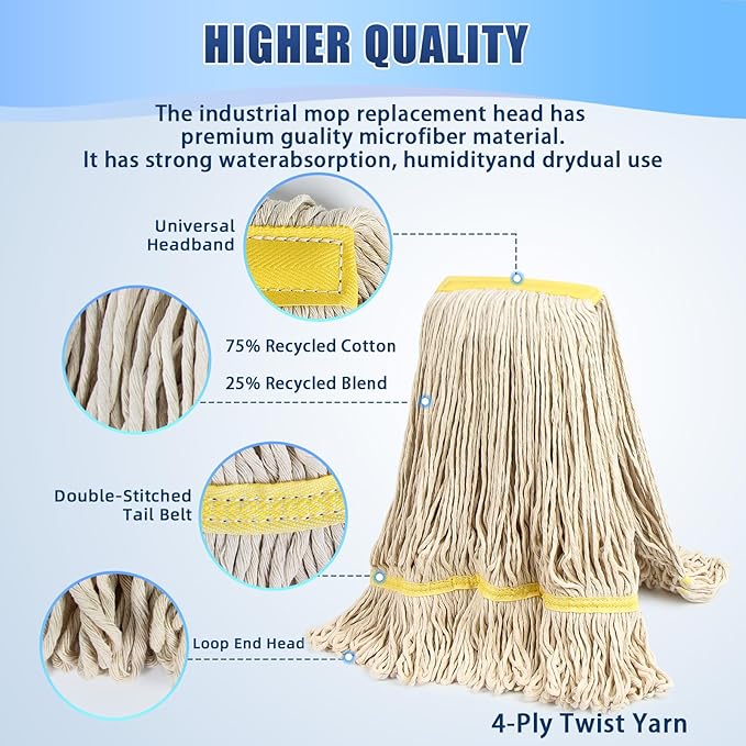 2 Pack 20oz Loop-End String Wet Mop Refills,Heavy Duty Cotton Commerical Industrial Grade Mop Replacements Heads for Home,Workshop,Garage Floors Cleaning,with 63'' Stainless Steel Mop Handle