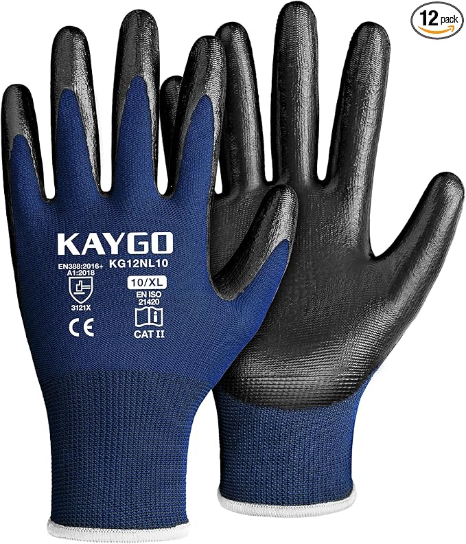 KAYGO Work Gloves Nitrile Coated, 12 Pairs KG12N，Seamless Knit, Protective Safety Work Gloves with Good Grip for General Work,Blue, XL