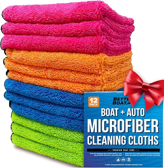 Better Boat 12 Pack Microfiber Cloth Kit, Lint-Free Cleaning Towels for Cars, Boats, and Home, Thick Large Microfiber Cleaning Cloths, Bulk Set