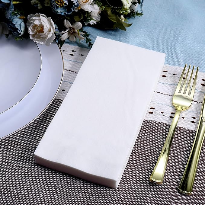 FOCUSLINE 480 Disposable Bathroom Napkins, Linen-Feel Paper Guest Towels, Soft and Absorbent Paper Hand Towels Party Napkins for Bathroom, Kitchen, Dinner, or Event, White, 12" x 17"