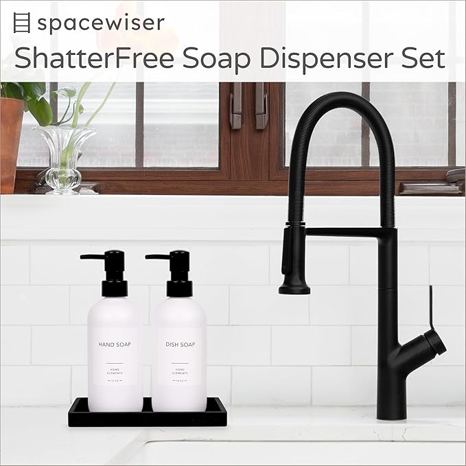 Plastic Soap Dispenser Set - PET Plastic Dish Soap Dispenser for Kitchen, Hand Soap Lotion Bottles with Pump Dispenser for Bathroom, Includes 8 Waterproof Labels, 16 oz, Black Silicone Tray