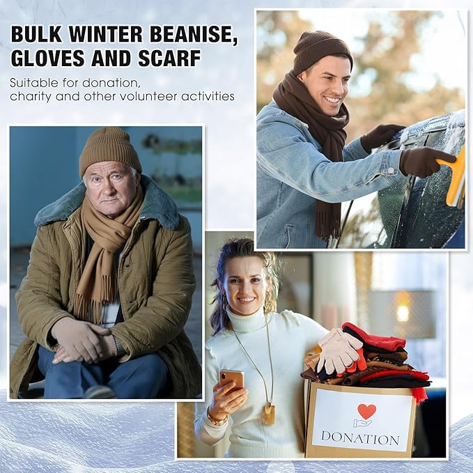 Unittype 300 Pcs Winter Beanies Gloves Scarf Set Bulk 100 Knit Skull Cap 100 Pair Winter Gloves 100 Neck Warmer for Men Women