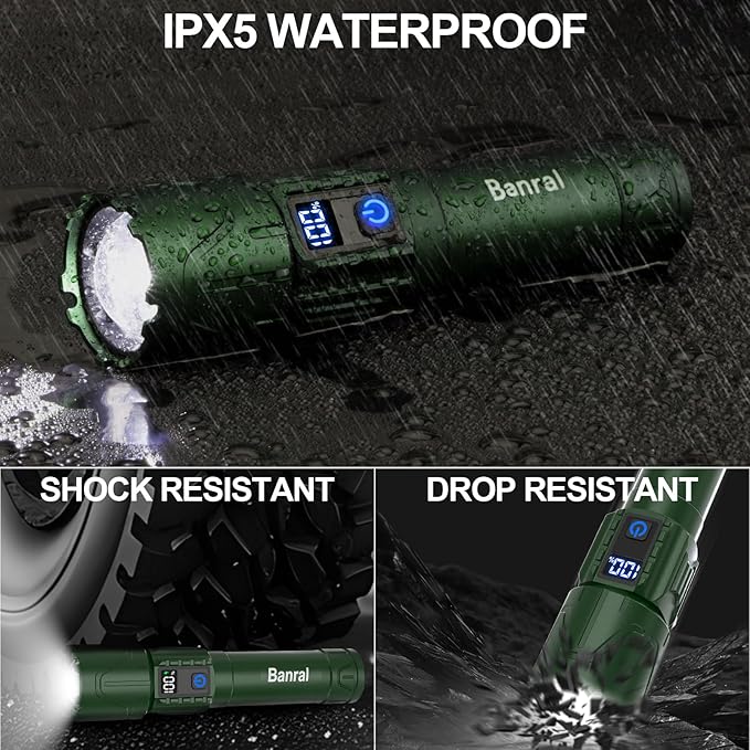 Banral Rechargeable Tactical Flashlights High Lumens - 5000mAh Super Bright LED Powerful Flash Light, Waterproof Handheld USB C Flashlight for Home,Car,Camping,Emergencies,5 Modes,Zoomable (1, Green)