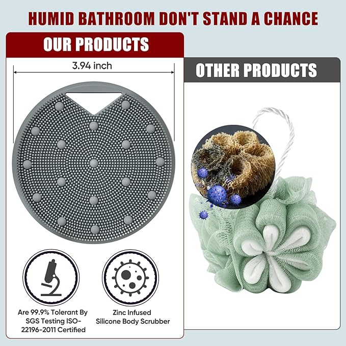 Anti Zinc Infused-Silicone Body Scrubber – Lymphatic Brush Exfoliating Body Scrubber for Shower Body,with Stiff and Soft Bristles for Anti-Puffiness,Blood Circulation - Gray