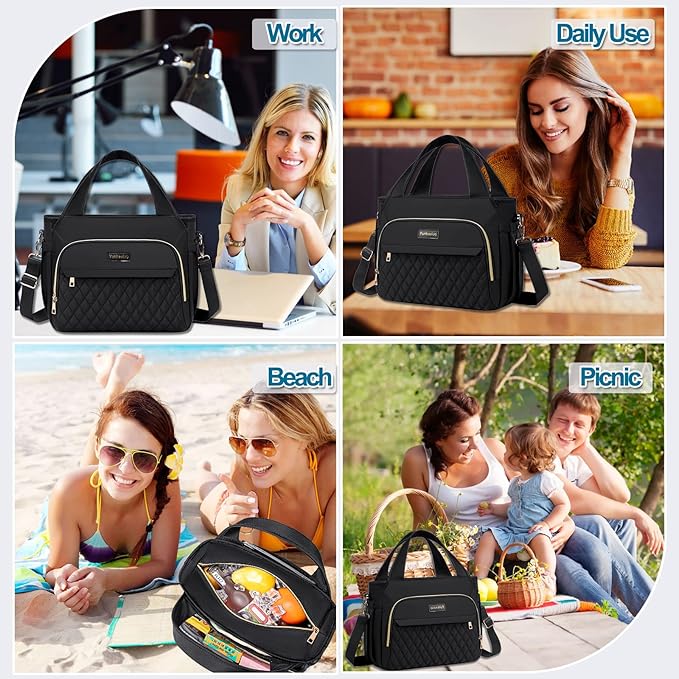 Lunch Bag Lunch Box Women - Insulated Lunch Tote Bag for Women Men, Leakproof Large Womens Lunch Bags for Work, Lunch Cooler Bag for Adult with Side Pocket for Picnic, Hiking, Beach (Black)