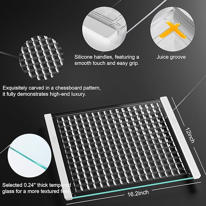 Geometric Relief Tempered Glass Cutting Board for kitchen with Juice Groove, Modern Stylish Non-Slip Glass Chopping Board for Kitchen,Serving Trays for Party,Dishwasher Safe & Easy to Clean