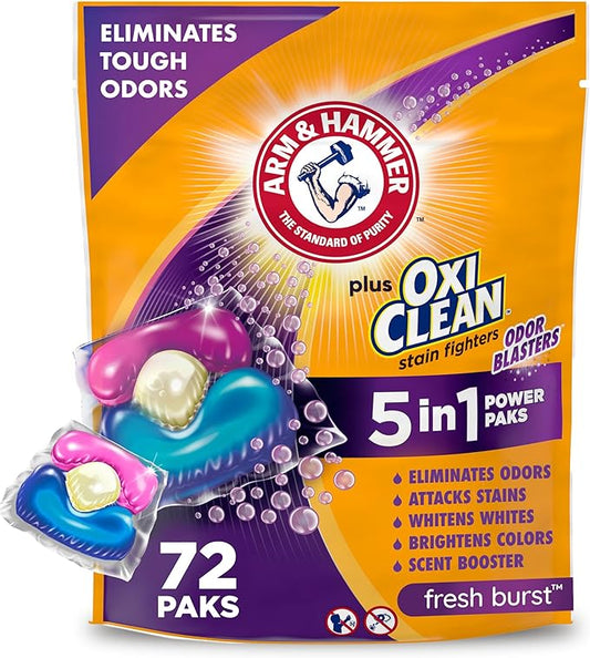 ARM & HAMMER Plus OxiClean With Odor Blasters Laundry Detergent, 5-IN-1 Power Paks, 72 Ct
