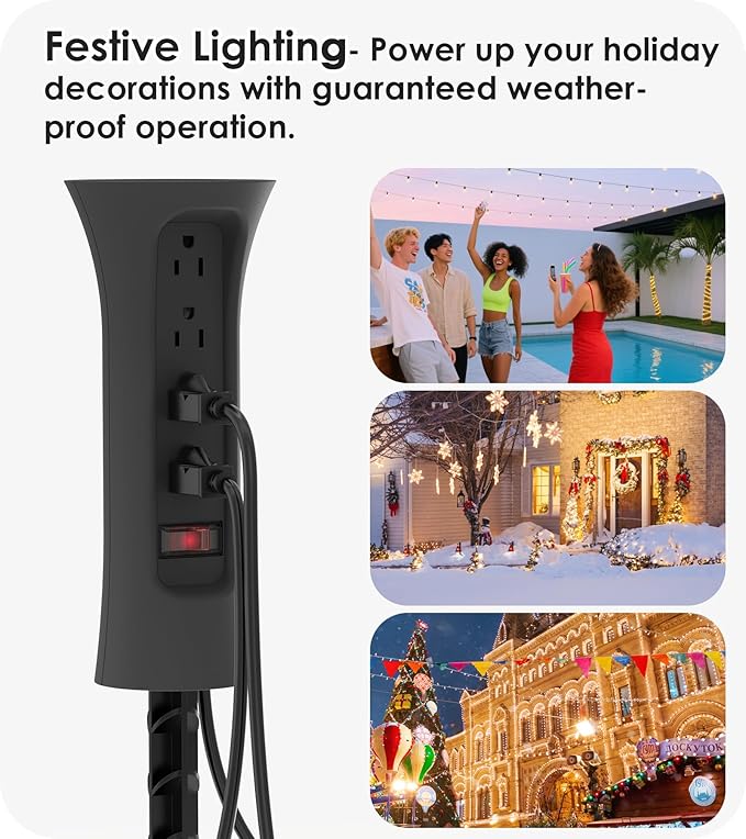 CCCEI Outdoor Power Strip Weatherproof with Stake, Waterproof Extension Cord with Multiple Outlets, Christmas Exterior Garden Decor, Yard, Camping, 4 Plugs, Surge Protector 25FT, Black.