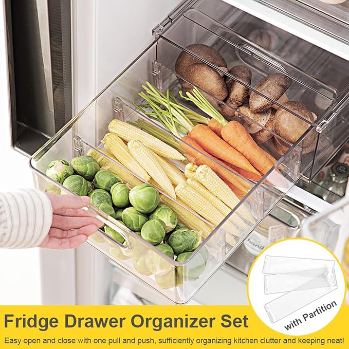4 Pack Refrigerator Organizer Bins with Pull-out Drawer Stackable Clear Fridge Drawer Organizer Fruit Vegetable Storage Containers for Kitchen Pantry Organization (1 Large+1 Tall+2 Small)