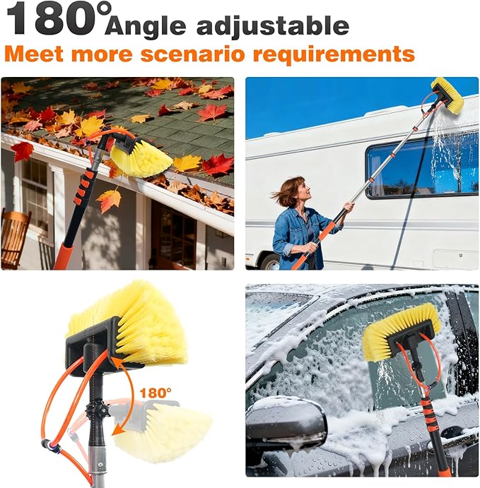 20FT Car Wash Brush with Long Handle, Car Cleaning Brush with 12" Soft Bristle and Hard Bristle, Telescopic Pole with Hose Attachment for Scratch-Free Cleaning Truck,RV,Boat,Siding,Solar Panels
