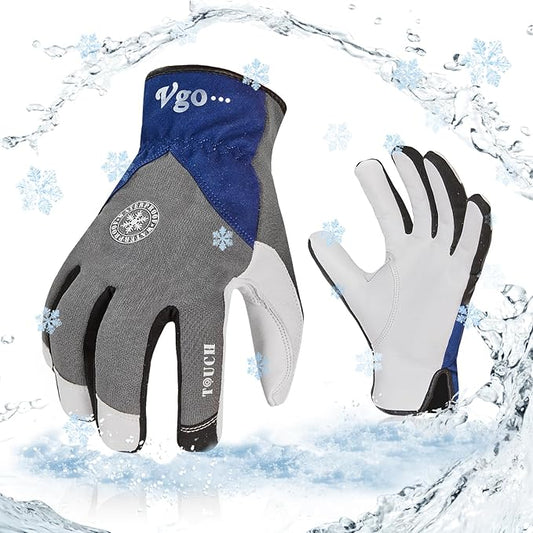 Vgo... 1-Pair Winter Warm Work Gloves Men Women 0℃/32℉ or Above Goatskin Leather Waterproof Coldproof Freezer Gloves (Size L, Grey, GA8977FW)