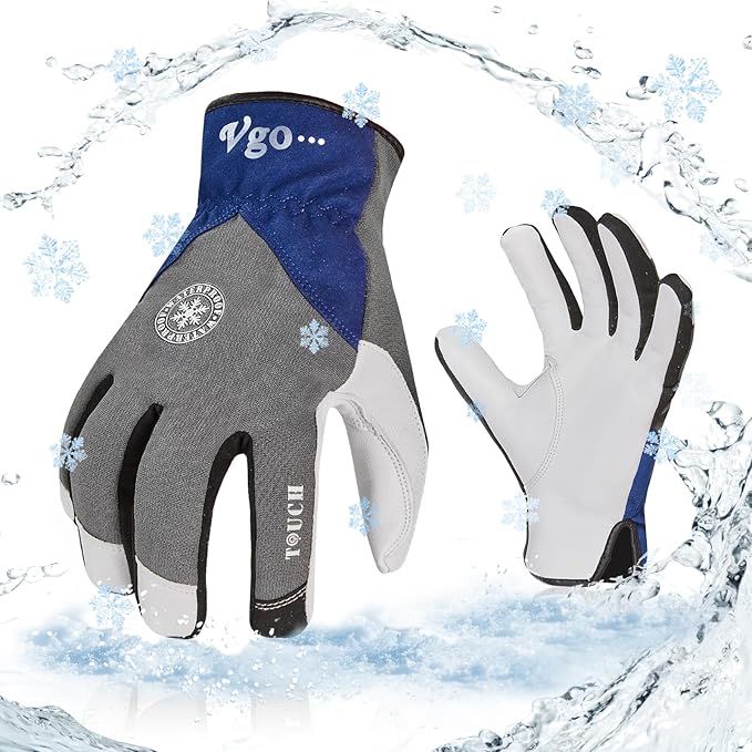 Vgo... 1-Pair Winter Warm Work Gloves Men Women 0℃/32℉ or Above Goatskin Leather Waterproof Coldproof Freezer Gloves (Size XL, Grey, GA8977FW)