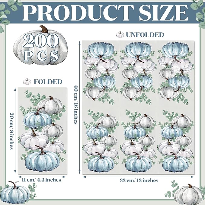 Jetec 200 Pcs Fall Napkins Thanksgiving Disposable Guests Paper Napkins White and Blue Pumpkin Disposable Hand Towels for Bathroom Thank You Gifts Decorative Napkins for Wedding Shower Birthday Party