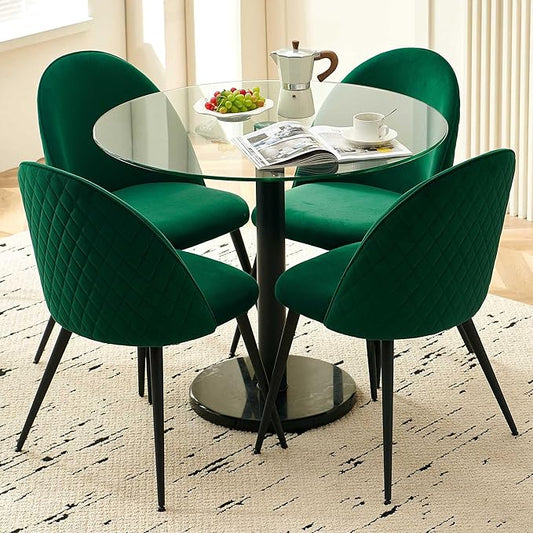 Round Dining Room Table Set for 4, 5 PCS Glass Tulip Kitchen Table Set, Marble Base Living Coffee Table with Upholstered Dining Chairs Luxury Comfy Accent Side Chairs for Small Spaces
