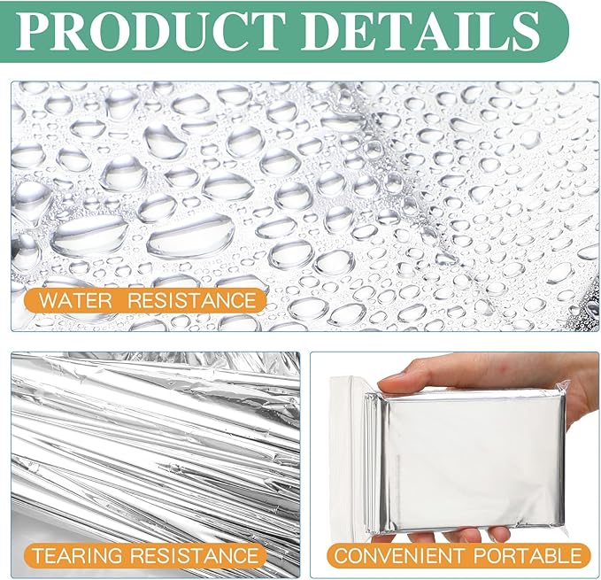 Macarrie 180 Pack Emergency Foil Thermal Blankets Silver Foil Survival Space Blanket Kit for Outdoors, Camping, Hiking, Homeless, Survival or First Aid, Silver