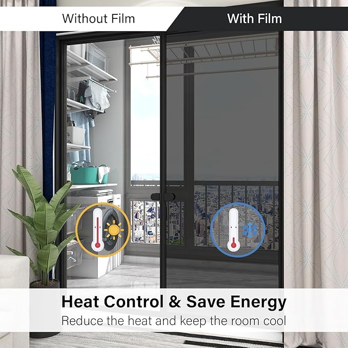 Kromapolis One Way Window Privacy Film Reflective Mirror Home Window Tint, Daytime Privacy Heat Control Anti UV Glass Tinting Static Cling (Black-Silver, 45.2 x 157.4 inch)