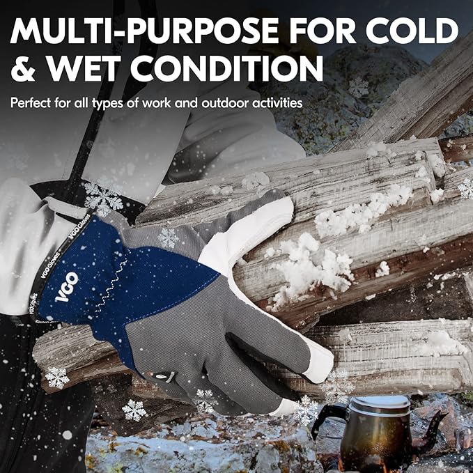 Vgo... 1Pair 0℃/32°F Winter Leather Work Gloves, Cold Weather Waterproof Safety Work Gloves,Cold Storage or Freezer Use,w/3M Thinsulate Lining(Size S, Gray, GA7711FW)