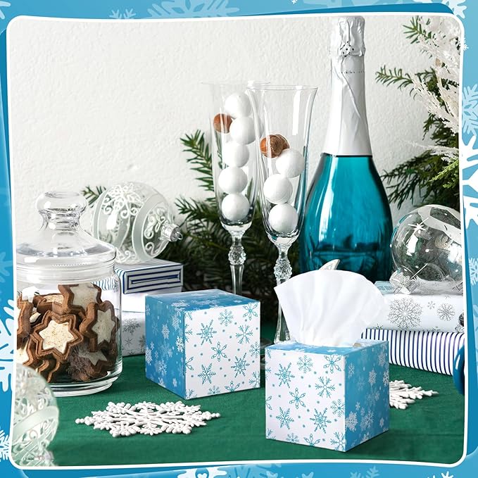 Bencailor 12 Pack Snowflake Facial Tissues Cube Boxes Winter Christmas Tree Square 600 Sheets 3 Ply Small Tissues Cube Boxes for Home Car Accessories(Blue and White,Snowflake)