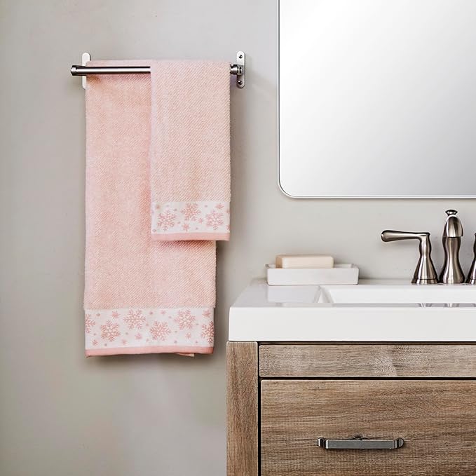 SKL Home Christmas/Winter Heather Snowflake 100% Cotton Premium 2-Piece Hand Towel Set, 500 GSM, Soft & Absorbent Jacquard, Decorative for Bath/Kitchen/Bar, Blush Pink