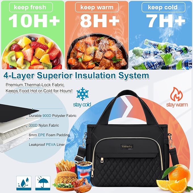 Lunch Bag Lunch Box Women - Insulated Lunch Tote Bag for Women Men, Leakproof Large Womens Lunch Bags for Work, Lunch Cooler Bag for Adult with Side Pocket for Picnic, Hiking, Beach (Black)