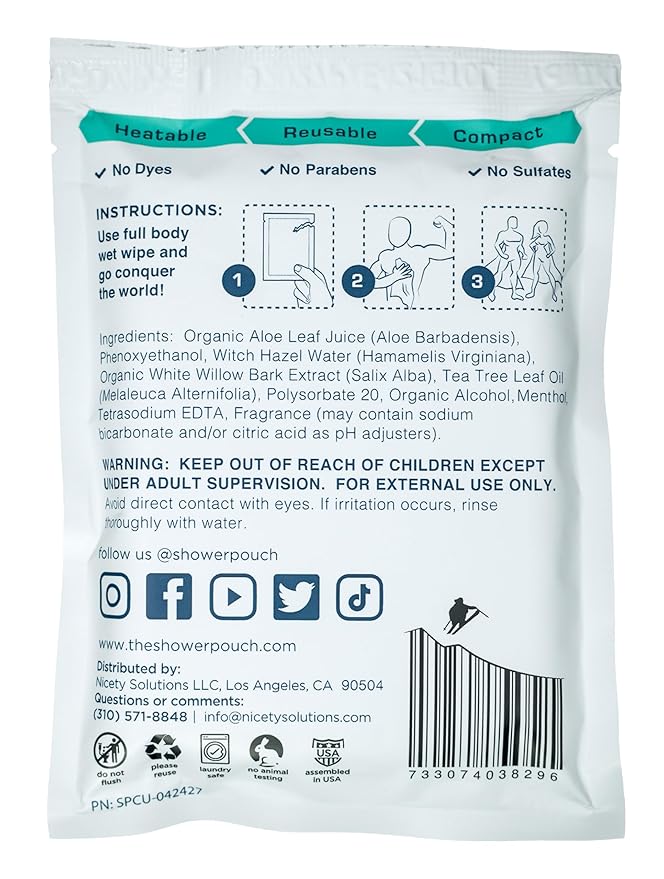 Shower Pouch XL (2' x 1') Bathing Body Wipes for Adults – Aloe-Infused Heatable & Reusable Bath Wipes for Camping, Travel, Outdoor – (10 Pack) Cucumber Scent
