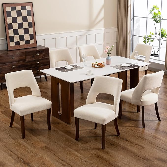UVV Wooden Dining Chairs Set of 6, Mid Century Modern Chenille Upholstered Dining Room Chair Kitchen Chairs, Farmhouse Dinner Chair with Solid Wood Legs for Kitchen Dining Room, Beige-Chenille