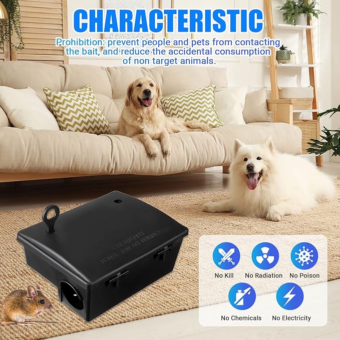 Qualirey 4 Pack Rat Bait Stations Large Rodent with Key Reusable Mouse Stations Mice Blocks Heavy Duty Boxes for Outdoor Rodents Mice Blocks, Bait Not Included, Black (9.8 x 7.5 x 3.9 Inches)