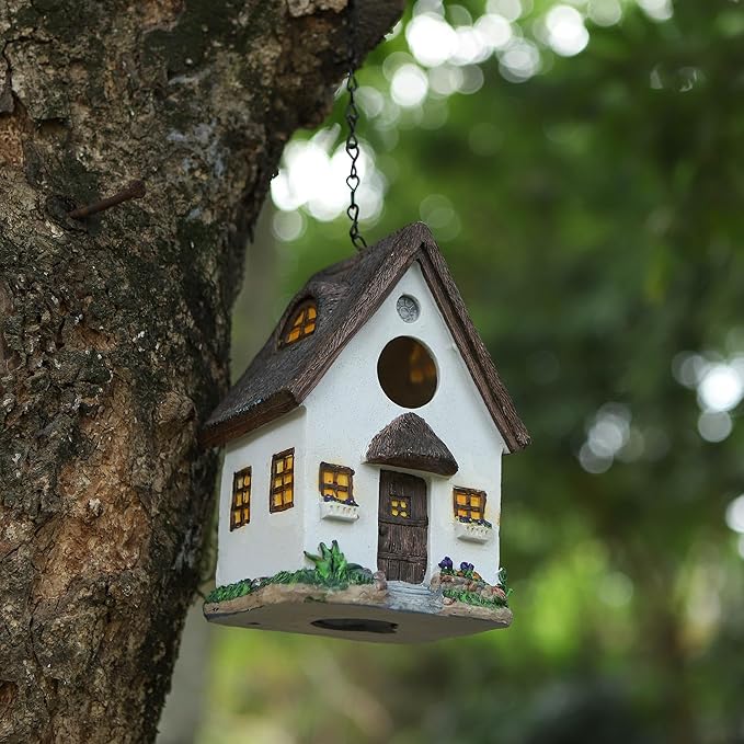 White Resin Cottage Bird House Brown Roof, 1.5" Entry Hole for Small Birds Wrens Sparrows, Rustic Cottage Style Nesting Box, Weatherproof Backyard Garden Decoration