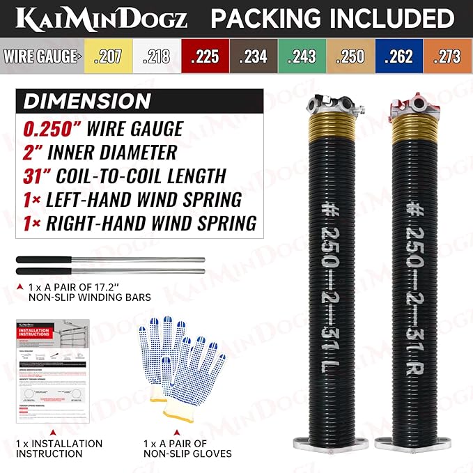 Pair of 2" Garage Door Torsion Springs Set with Non-Slip Winding Bar & Gloves,High Precision Electrophoresis Black Coated, for Replacement & Installation, MIN 16,000 Cycles (0.250x2''x31'')