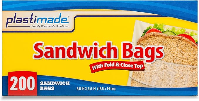 Disposable Plastic Sandwich Bags With Fold Close Top 400 Bags, Great For Home, Office, Vacation, Traveling, Sandwich, Fruits, Nuts, Cake, Cookies, Or Any Snacks (2 Packs)